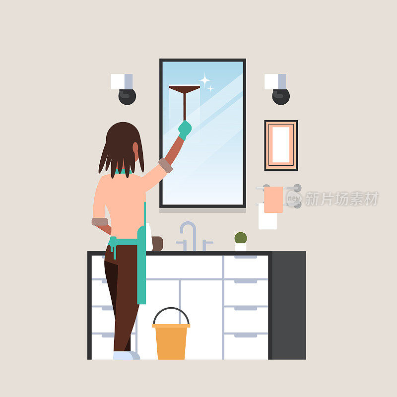 housewife in gloves and apron cleaning mirror with squeegee african american woman in bathroom doing housework concept rear view female character full length